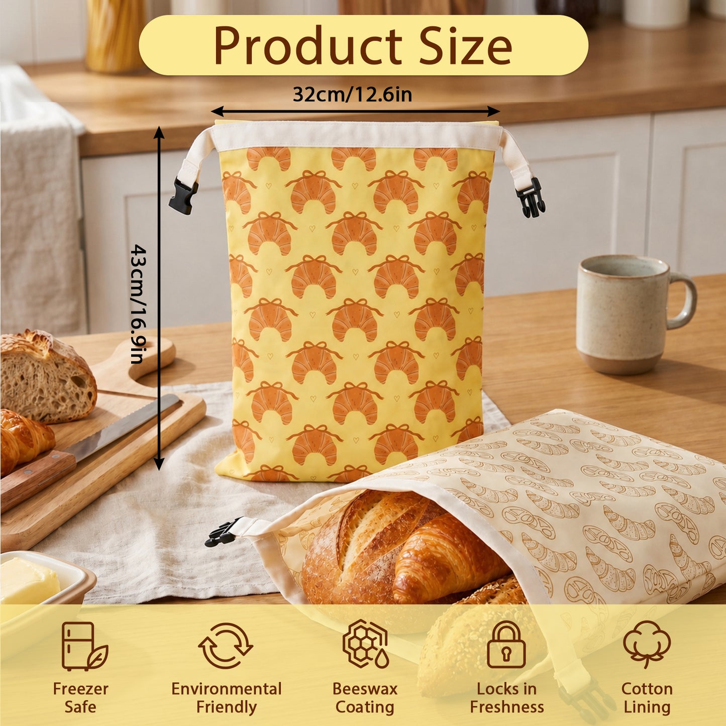 Hamdwerk 2 Pack Beeswax Bread Bags for Sourdough Homemade Bread  17" x 12.5", style 1